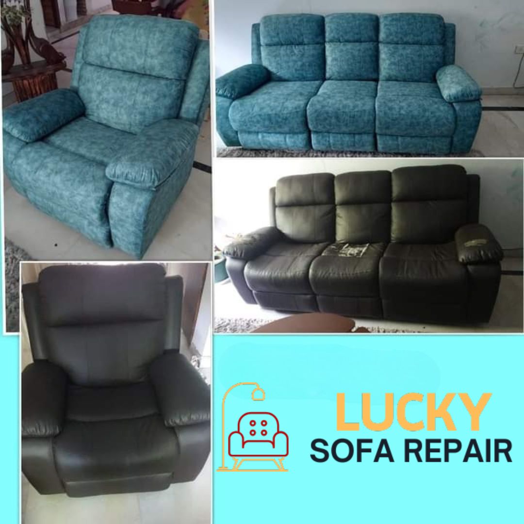 Before-and-after photos showcase sofa repair expertise and transformation.